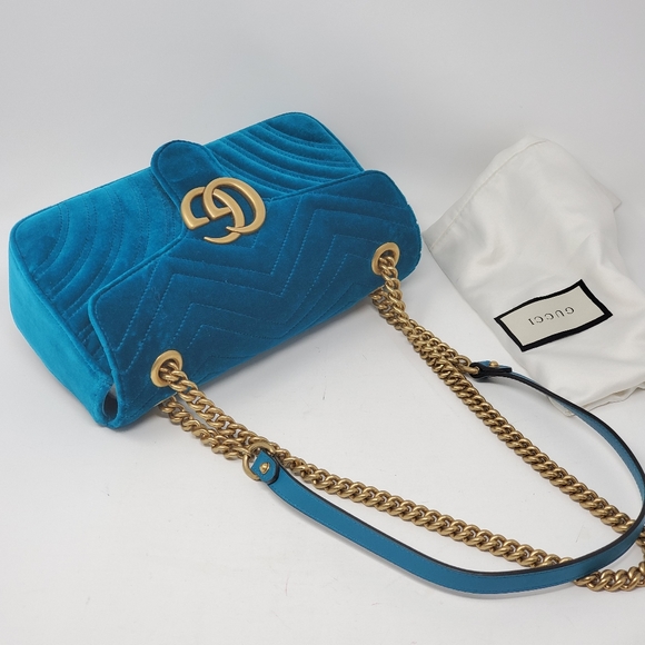 Gucci Small Marmont Velvet Chevron Teal Crossbody - Picture 3 of 12